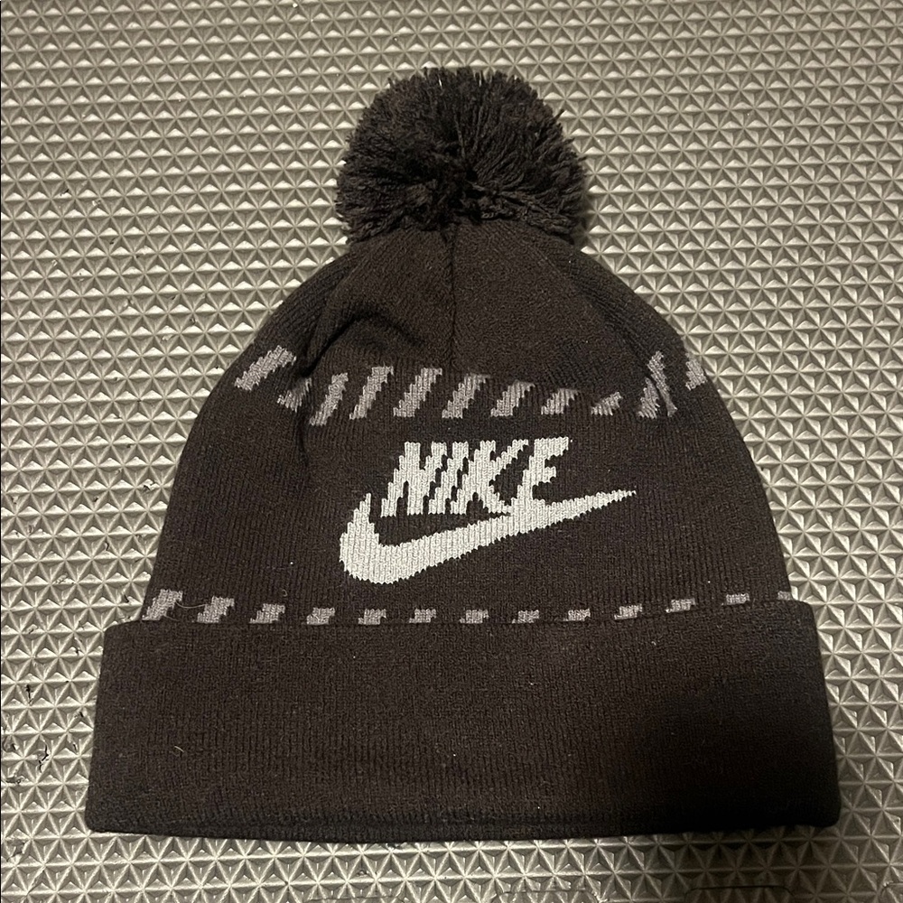 Nike Black and Gray Knit Beanie with Pom